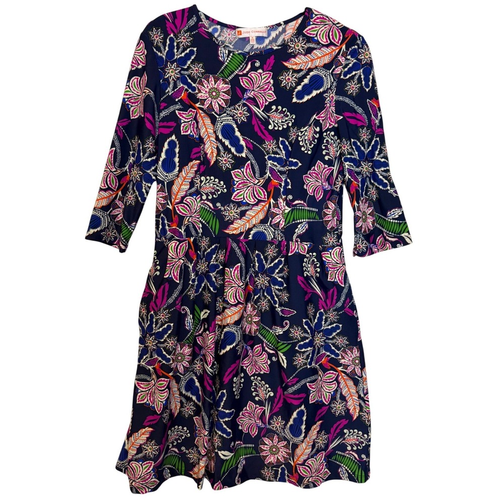 Jude Connally Brynn Fit and Flare Navy Blue Floral Print Dress Size Medium